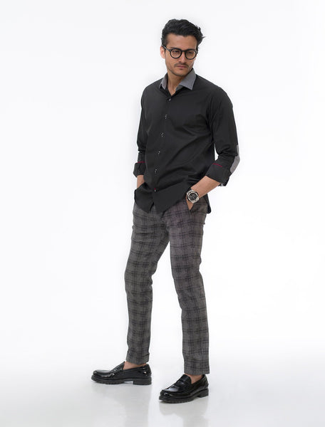 BLACK SHIRT WITH HOUNDSTOOTH PRINT COLLAR