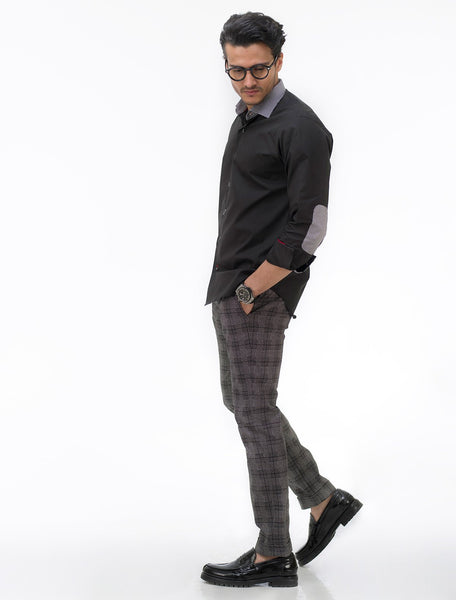 BLACK SHIRT WITH HOUNDSTOOTH PRINT COLLAR