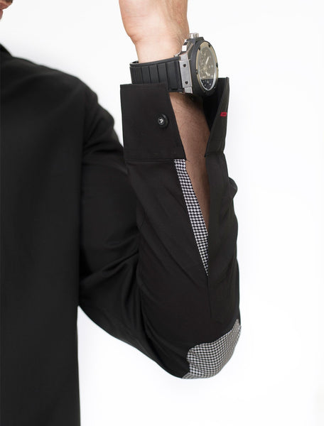BLACK SHIRT WITH HOUNDSTOOTH PRINT COLLAR