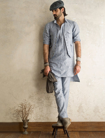 BLUE LINEN SHORT KURTA